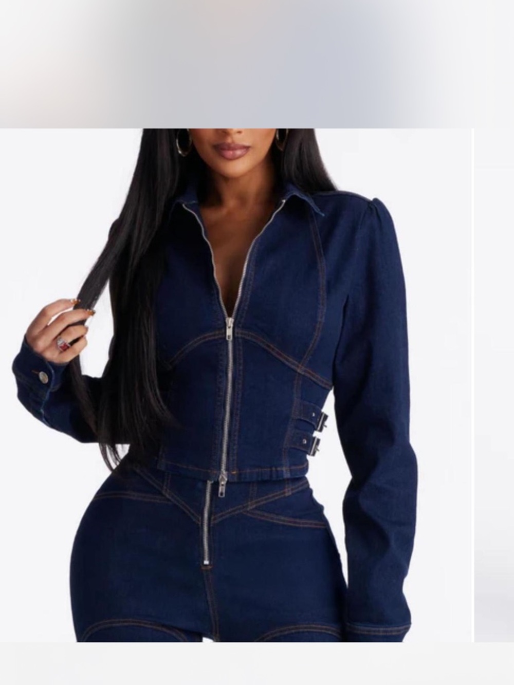 Fashion Nova Navy Zip-Up Denim Jacket